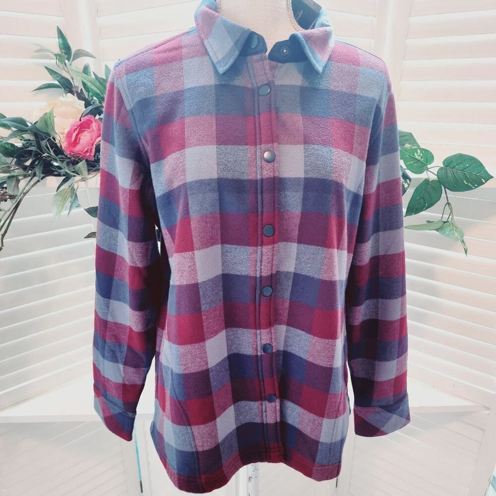 EDDIE BAUER PLAID SNAP DOWN BLUE/CRANBERRY NEW FLEECE LINED SIZE LARGE
